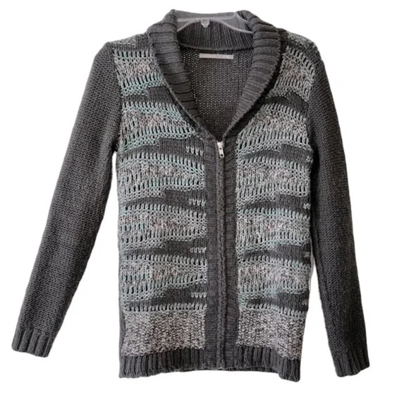 Rubbish | Gray Turquoise Wool Blend Shawl Collar Zip Up Crochet Sweater, Small - Picture 1 of 6